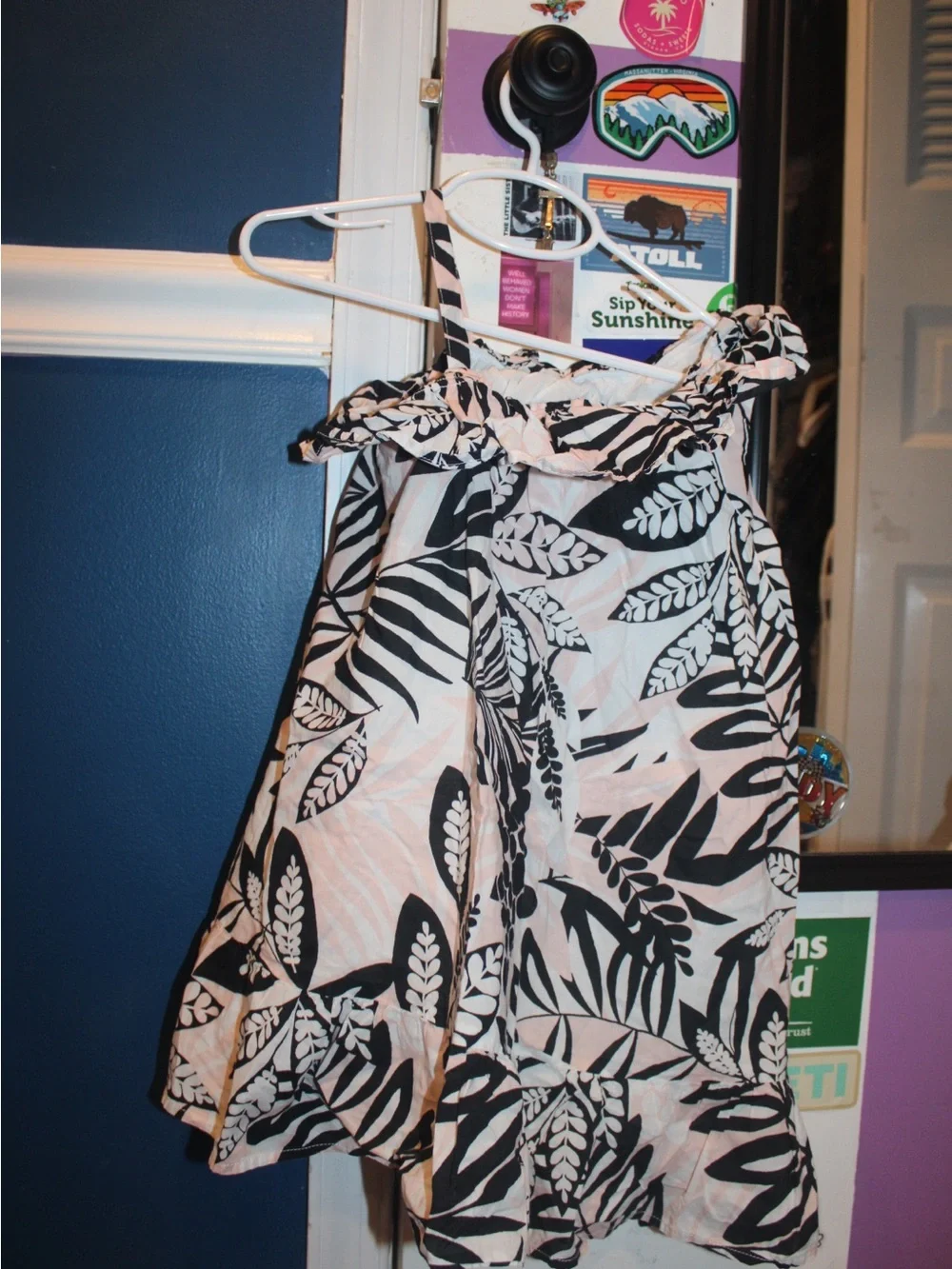 Janie and Jack Kids Small Pink Black Tropical Palm Leaf Ruffle Strap Dress